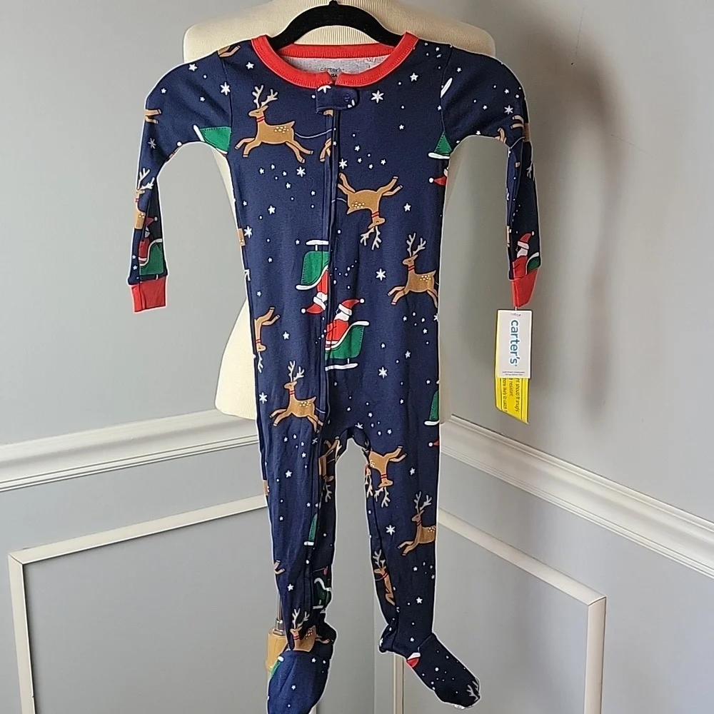 CARTER'S Santa Reindeer Christmas Holiday One Piece Full Zip Footed‎ Pajamas NEW